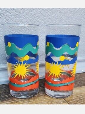 2 Cerve Bright Colored Drinking Cup Glasses Yellow Blue Teal Green Orange